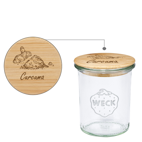 Drewniana pokrywka „Kurkuma” z szklanym słoikiem WECK 160 ml Drewniana pokrywka „Kurkuma” z szklanym słoikiem WECK 160 ml