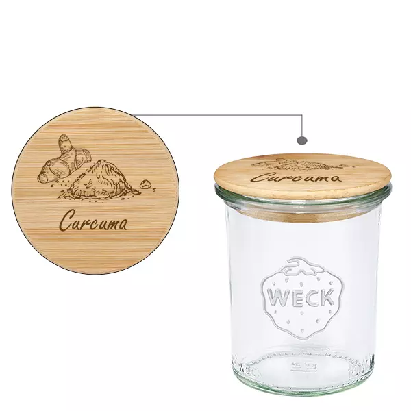 Drewniana pokrywka „Kurkuma” z szklanym słoikiem WECK 160 ml