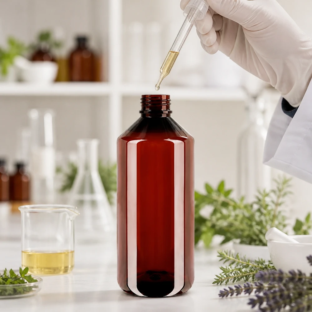 Butelka PET 1000 ml z czerwonym zamknięciem OV Brązowa butelka PET o pojemności 1 litra z czerwonym zamknięciem w środowisku laboratoryjnym z ekstraktami naturalnymi