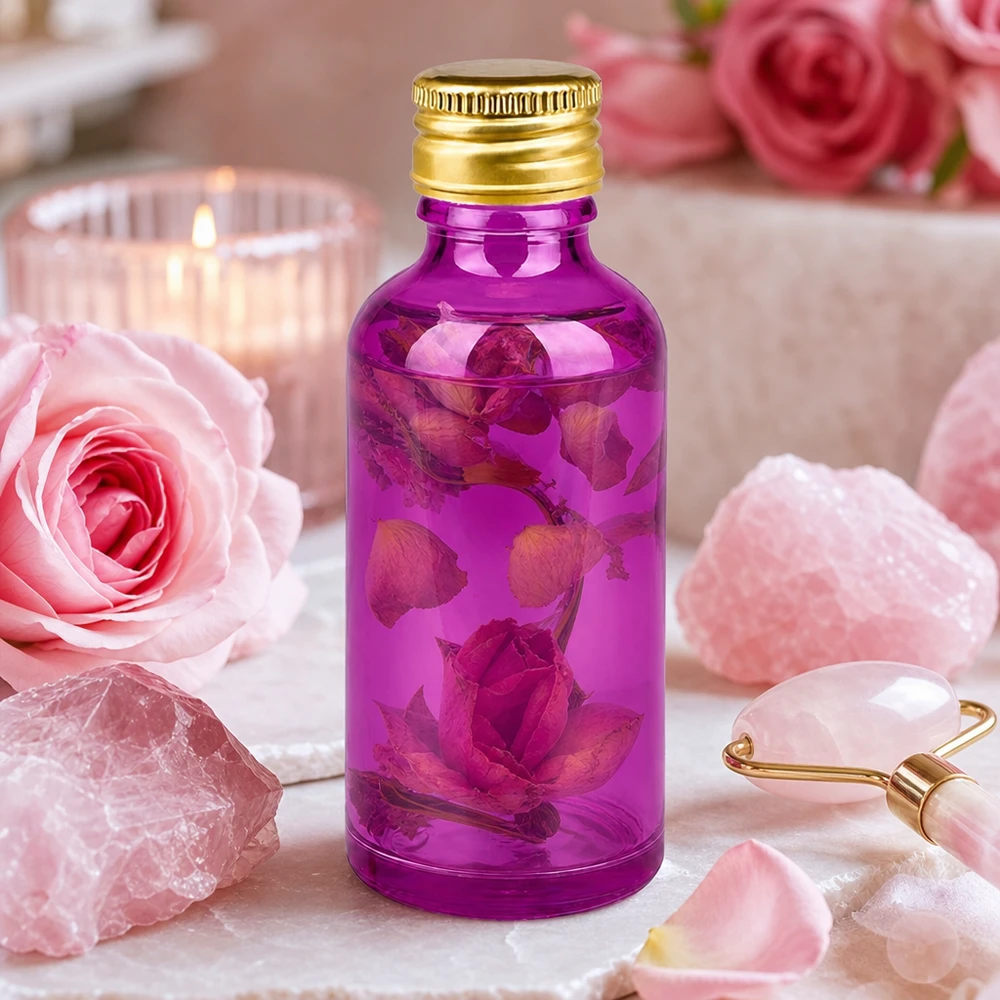 Butelka aptekarska 50 ml w kolorze fioletowym ze złotą zakrętką 11 mm, idealna do serum i esencji.