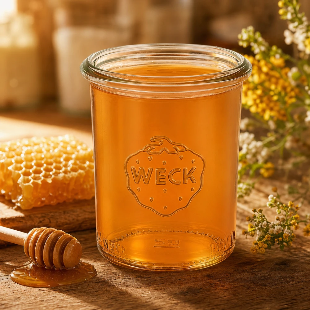 160ml szklany słoik WECK RR60 wypełniony miodem na drewnianym stole z plastrem miodu i łyżeczką do miodu naturalna dekoracja
