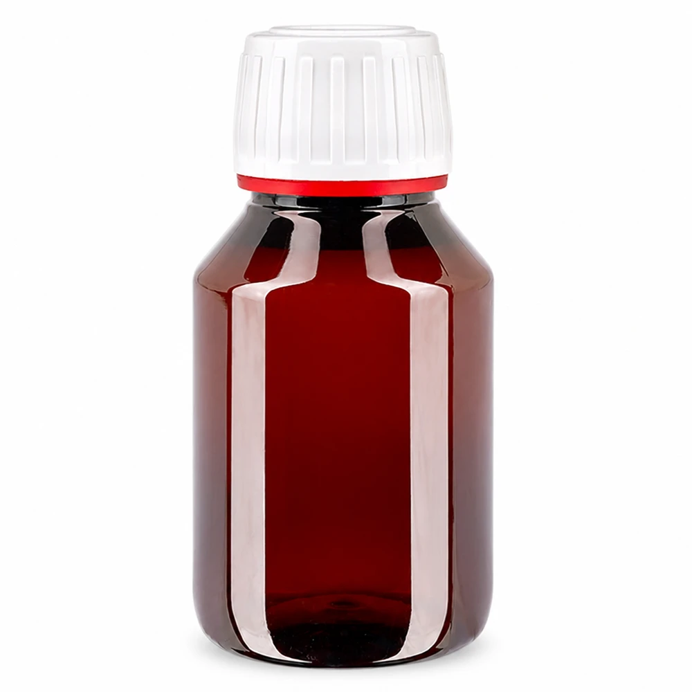 Butelka PET 50 ml z białą/czerwoną nakrętką OV Brązowa butelka PET o pojemności 50 ml z białym zamknięciem zabezpieczającym i czerwonym pierścieniem zabezpieczającym