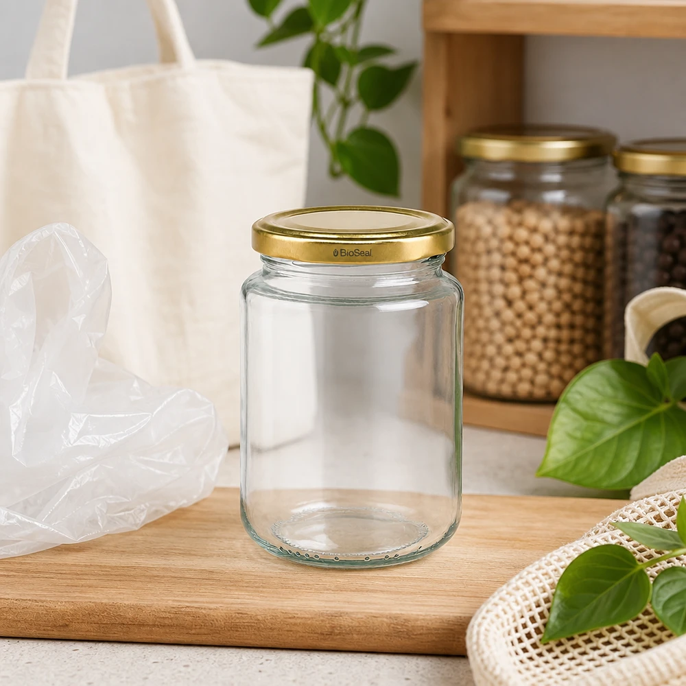 Słoik na przetwory UNiTWIST Runda382 w kuchni zero-waste, zrównoważona pokrywka TO66 BioSeal w kolorze złotym, drewniana deska ambience
