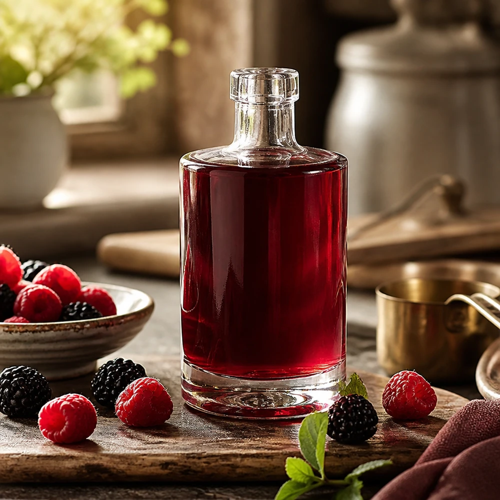 350ml Glasflasche Marie mit rotem Beerensaft befüllt umgeben von frischen Himbeeren und Brombeeren rustikale Küche Bild