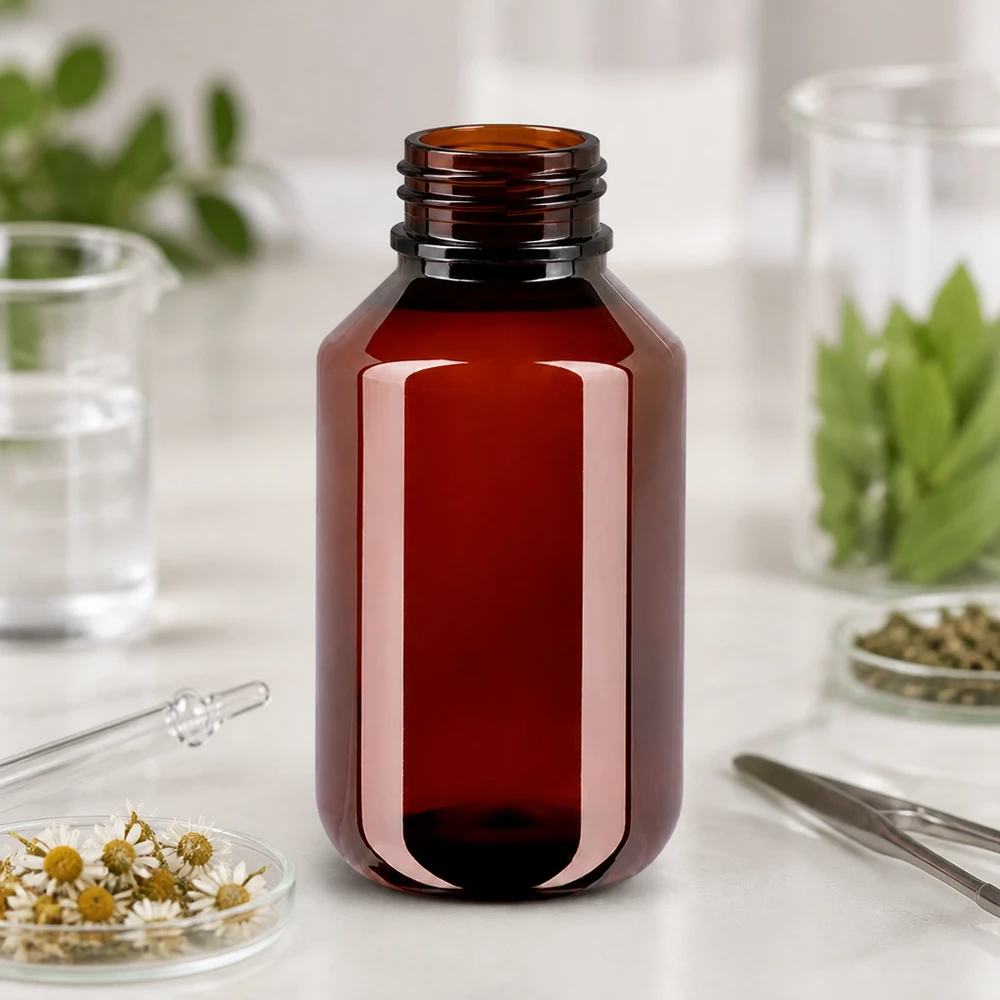 Otwarta brązowa butelka PET o pojemności 100 ml bez nakrętki na białym blacie z ziołami