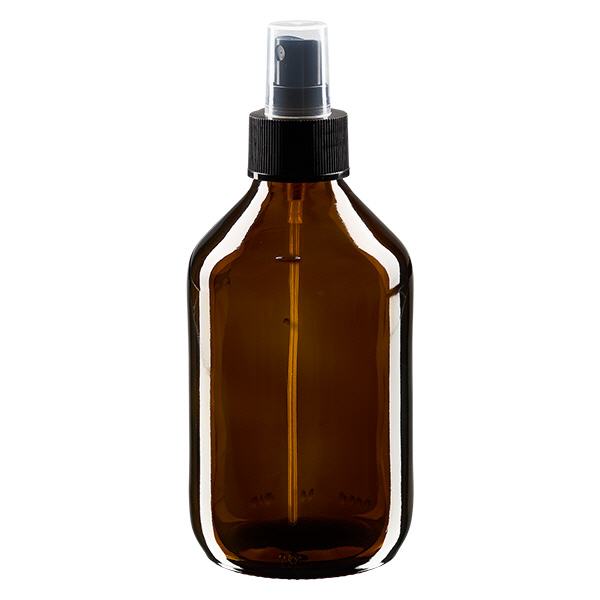 Butelka na lek 250 ml, brązowa, z pompką rozpylającą, czarna ApoGlas. Farmaceutyczna jakość produkcji UE. Gwint 28 mm (PP28). (syrop, butelka z lekkiego szkła) Butelka na lek 250 ml, brązowa, z pompką rozpylającą, czarna ApoGlas. Farmaceutyczna jakość produkcji UE. Gwint 28 mm (PP28). (syrop, butelka z lekkiego szkła)