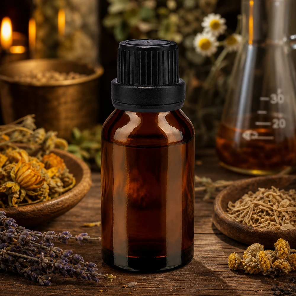 Brązowa szklana butelka o pojemności 30 ml z czarną zakrętką, otoczona suszonymi ziołami leczniczymi i kwiatami