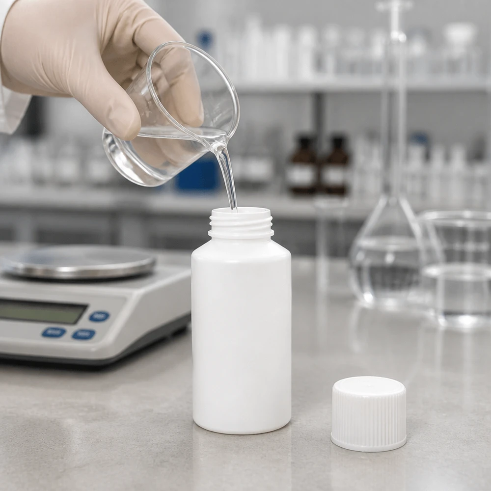 Kompaktowa, biała butelka apteczna z HDPE o pojemności 50 ml z zakrętką zabezpieczoną przed dziećmi, stosowana w laboratorium