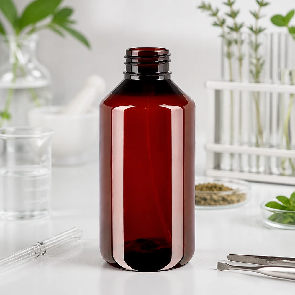 Pusta brązowa butelka PET o pojemności 750 ml bez nakrętki w otoczeniu naukowym
