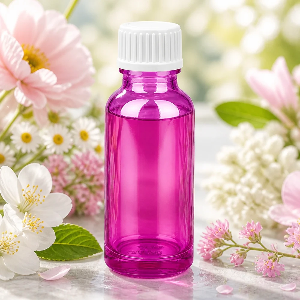 Fioletowa butelka z zakraplaczem 20 ml z białą zakrętką do aromaterapii i kosmetyków naturalnych