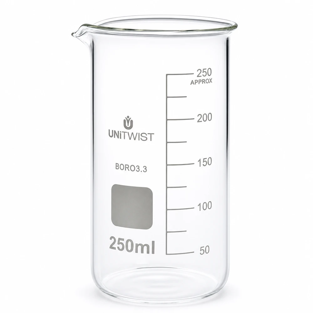 Zlewka 250 ml borokrzemianowa, wysoka UNITWIST Szklanka o pojemności 250 ml, wysoka, wykonana ze szkła borokrzemowego marki UNITWIST, z podziałką mililitrową