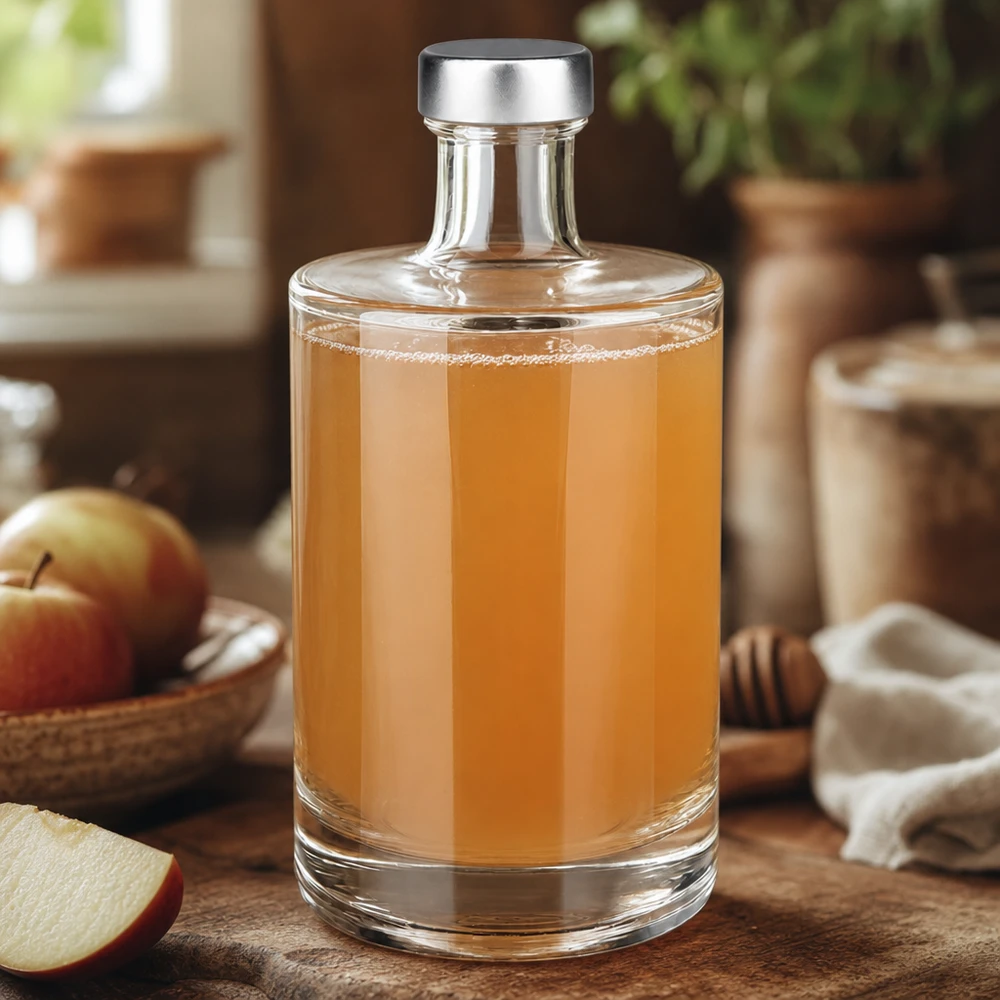 Butelka szklana 500 ml Sam i zakrętka srebrna UNiTWIST® 500ml szklana butelka Sam wypełniona sokiem jabłkowym obok jabłek i miodu naturalna kuchnia ciepły drewniany wygląd