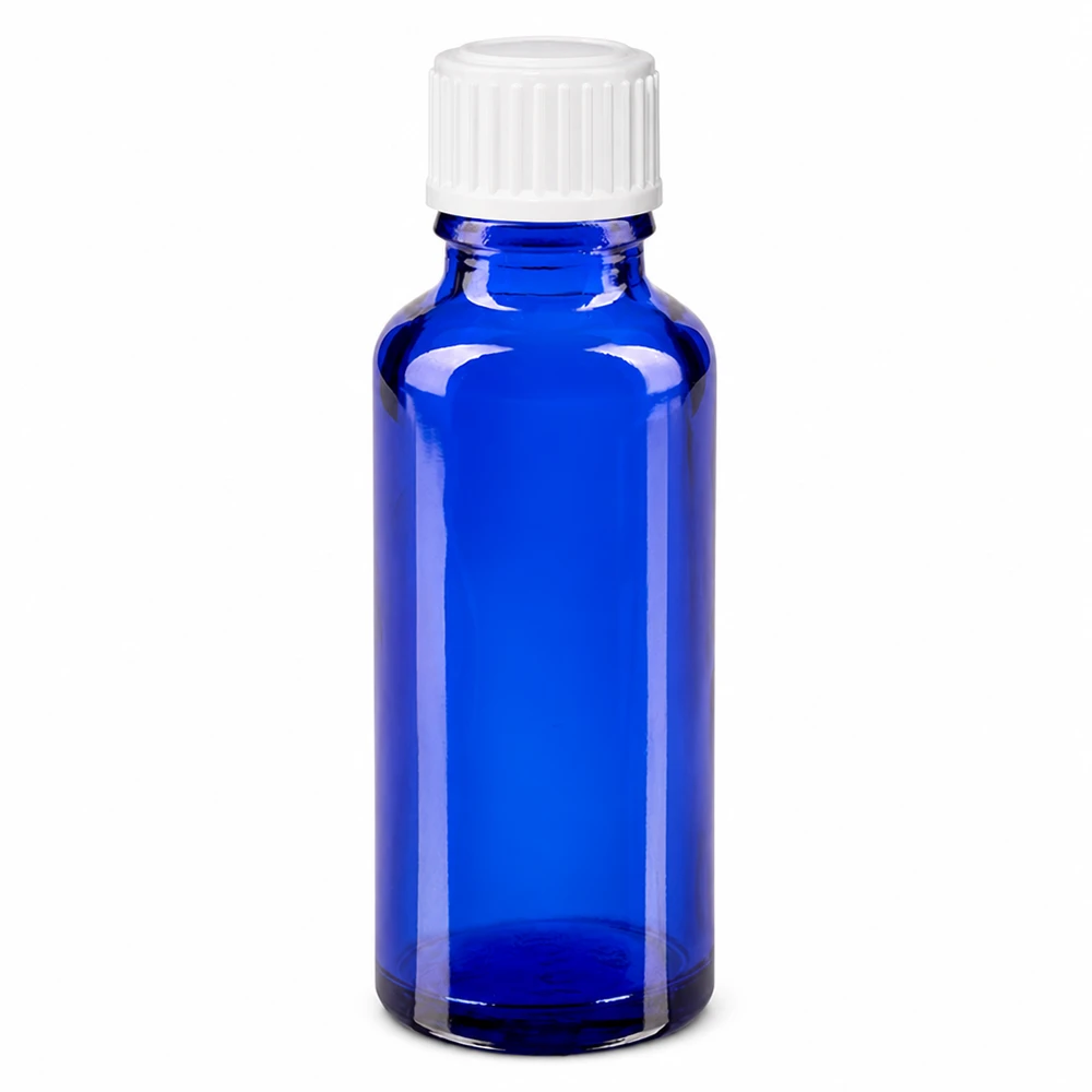 30 ml niebieska szklana buteleczka apteczna z białą zakrętką 11 mm
