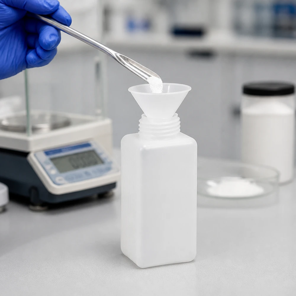 Prostokątna butelka na chemikalia z PE-HD o pojemności 1500 ml, w kolorze naturalnym, z lejkiem do napełniania proszkiem