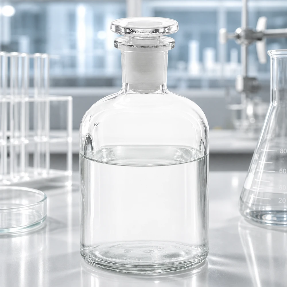 Szklana butelka laboratoryjna z zatyczką, 250 ml, przezroczysta, z wąską szyjką, przeznaczona do odczynników chemicznych i rozpuszczalników