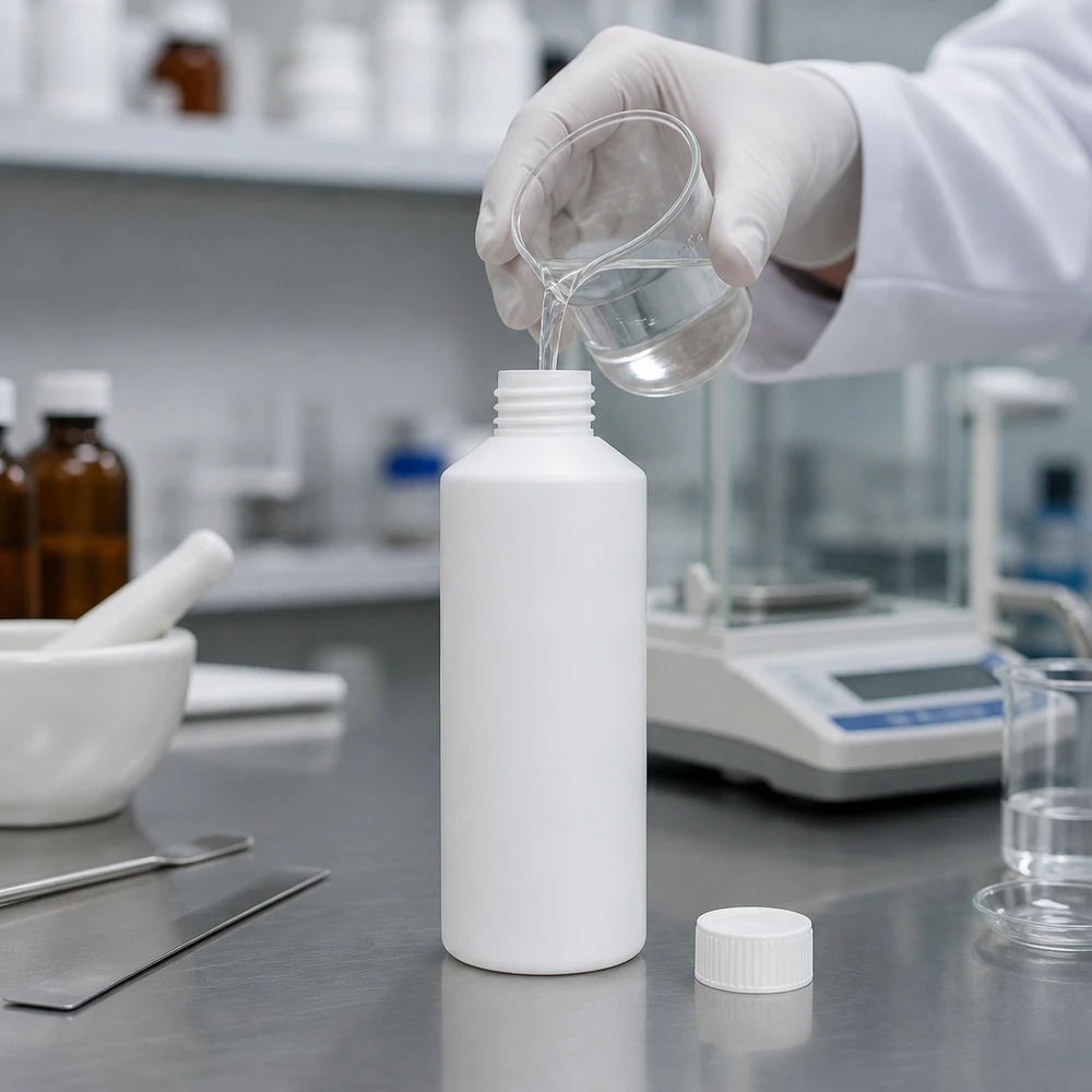 Butelka apteczna HDPE 100ml biała, bez zakrętki Laborant napełnia białą butelkę apteczną z HDPE o pojemności 100 ml przezroczystym płynem z zlewki