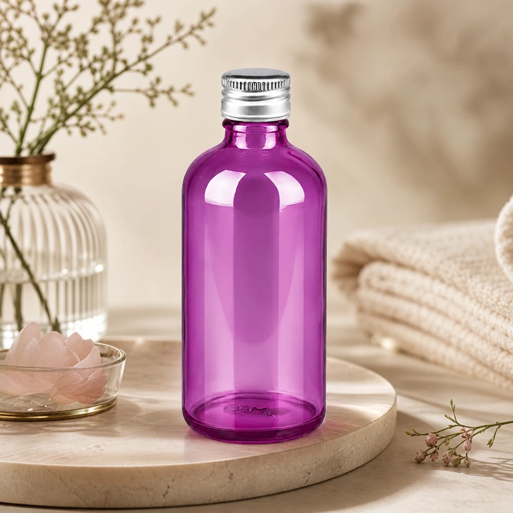 Butelka 100 ml. Zakrętka 11 mm aluminiowo-srebrna w standardzie PurpleLine. UT18/100 Elegancka fioletowa szklana butelka o pojemności 100 ml ze srebrną zakrętką do kosmetyków DIY i produktów naturalnych