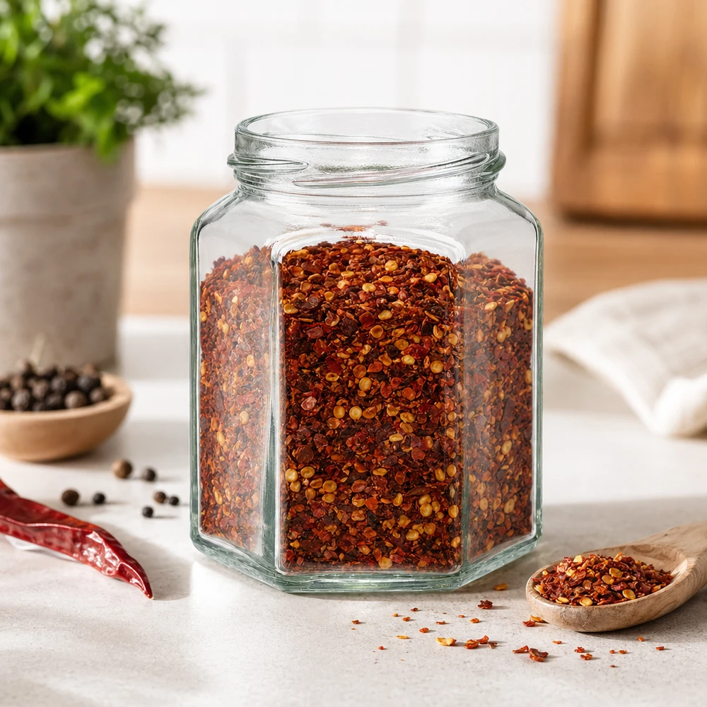 UNiTWIST Hexa288 - 6-komorowy słoik o pojemności 288 ml TO63 UNiTWIST Hexa288 sześciokątny szklany słoik 288ml wypełniony płatkami chili w nowoczesnej kuchni