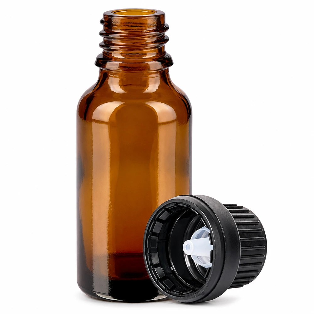 Butelka z brązowego szkła o pojemności 10 ml z zakraplaczem 2 mm i czarną zakrętką do aromaterapii
