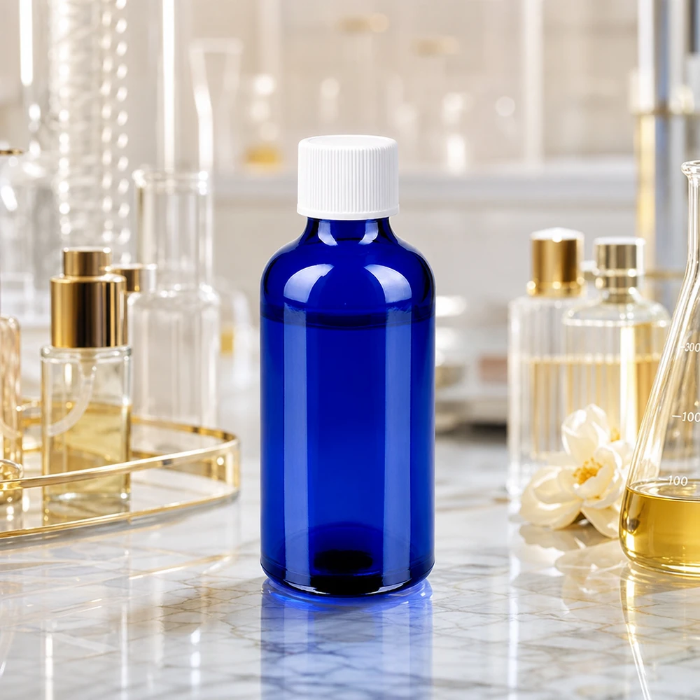 Butelka 50 ml 11 mm SV biała STD BlueLine UT18/50 Kompaktowa butelka aptekarska o pojemności 50 ml w eleganckim kolorze kobaltowego błękitu z praktyczną białą zakrętką