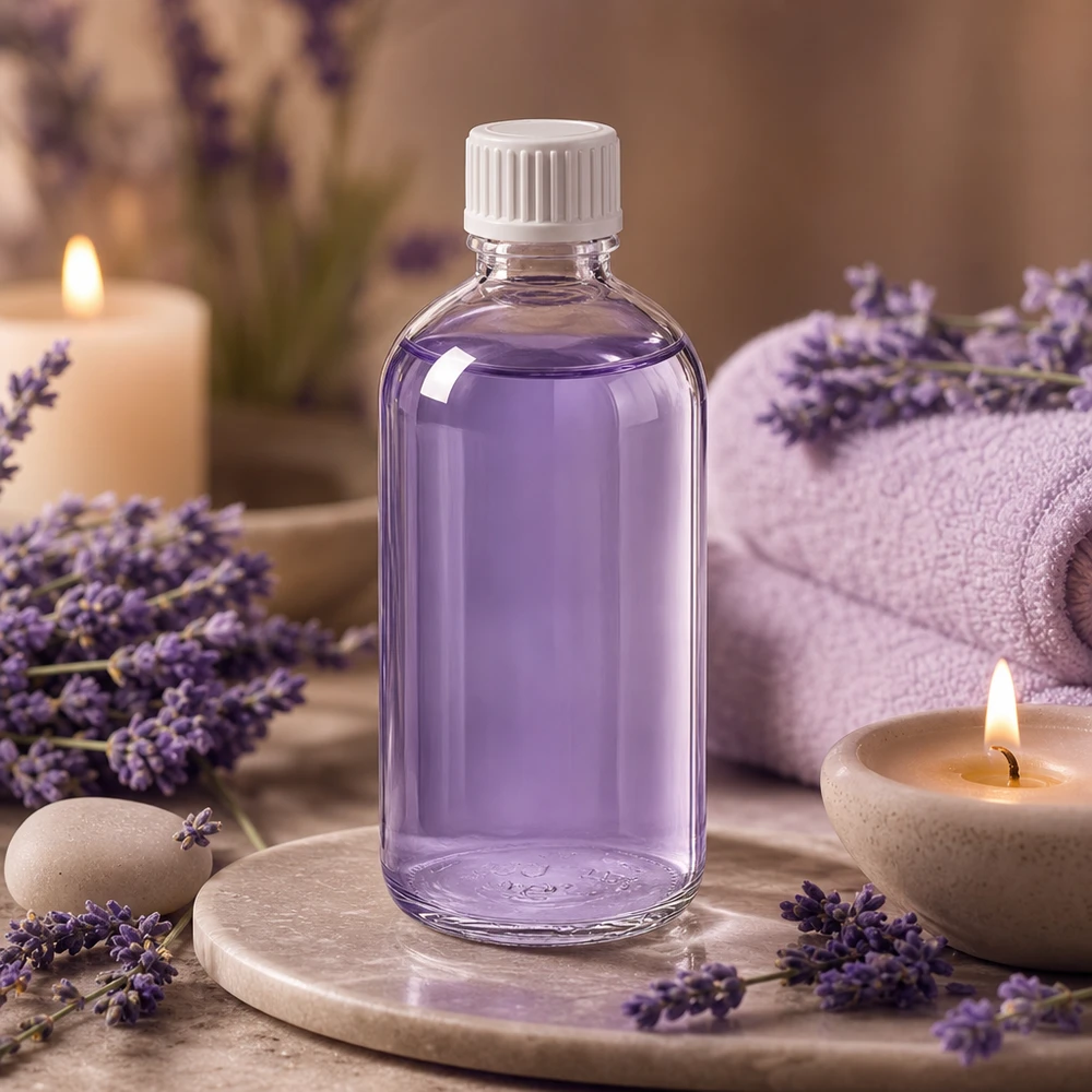 Płyn w kolorze lawendowym w butelce z zakraplaczem ClearLine UT18 o pojemności 100 ml z białą nakrętką 0,9 mm
