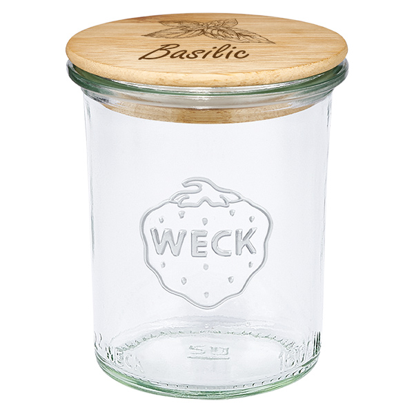 Drewniana pokrywka „Bazylia” ze szklaną pokrywką WECK 160 ml Drewniana pokrywka „Bazylia” ze szklaną pokrywką WECK 160 ml