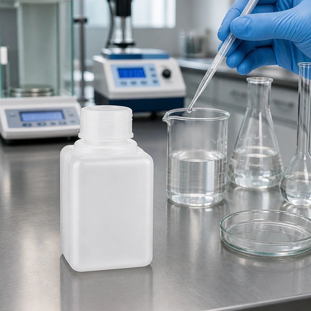 Mała butelka na chemikalia z polietylenu wysokiej gęstości (PE-HD) o pojemności 20 ml, w naturalnym kolorze, przeznaczona do profesjonalnych laboratoriów wyposażonych w sprzęt szklany