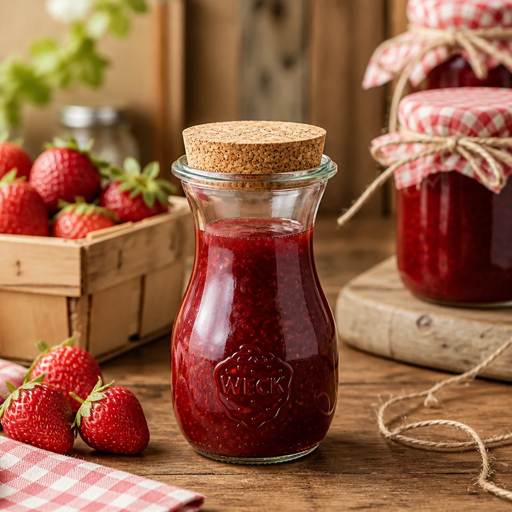 Butelka na sok 290ml WECK RR60 z korkiem naturalna Butelka na sok WECK 290ml z korkiem wypełniona dżemem truskawkowym w rustykalnej kuchni ze świeżymi truskawkami