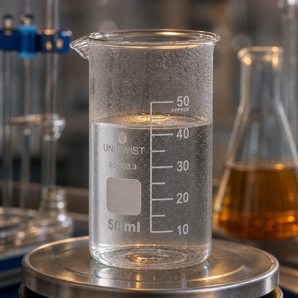 Szklanka UNITWIST o pojemności 50 ml, wysoka, z borokrzemianu, na wadze laboratoryjnej, z kondensatem na zewnętrznej powierzchni