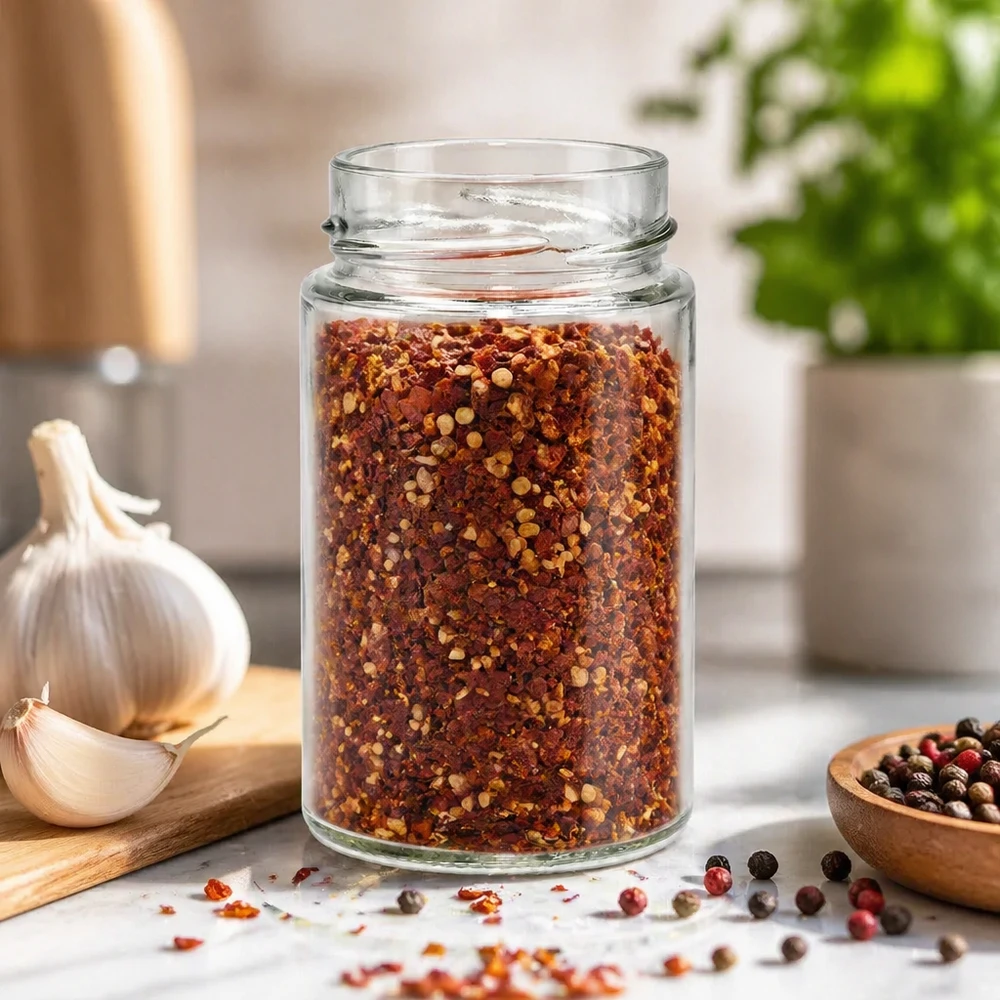 UNiTWIST Runda245 okrągły słoik 245ml TO58deep wypełniony mieszanką przypraw chilli w nowoczesnej kuchni z czosnkiem