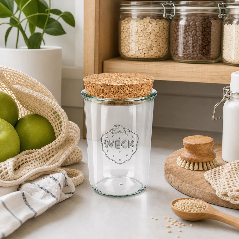 Kubki WECK 850ml RR100 z korkową pokrywką w zrównoważonej kuchni obok słoików do przechowywania owoców i drewnianych przyborów kuchennych