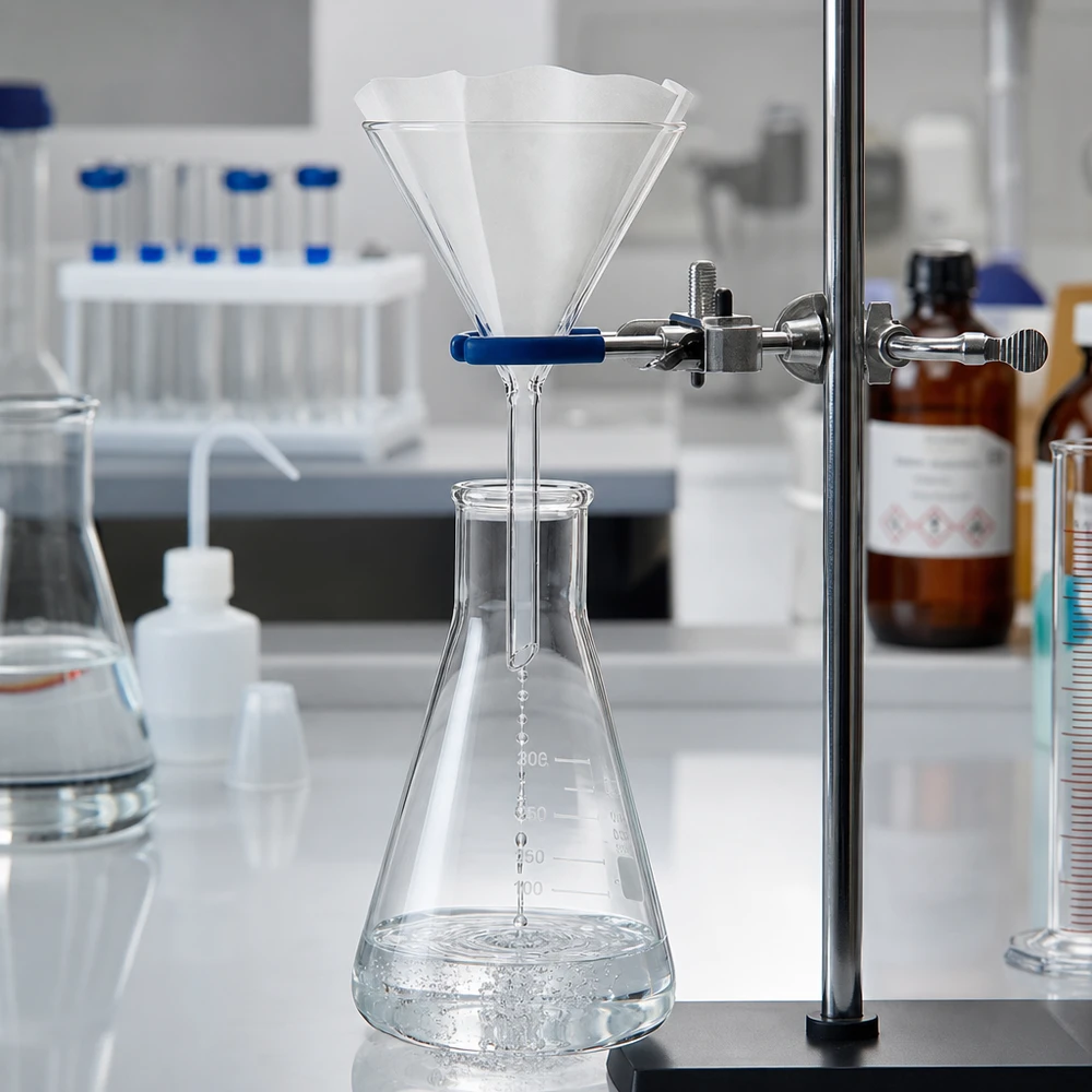 Precyzyjny lejek laboratoryjny 100 mm wykonany z wysokiej jakości szkła borokrzemowego do dokładnego dozowania i dekantacji
