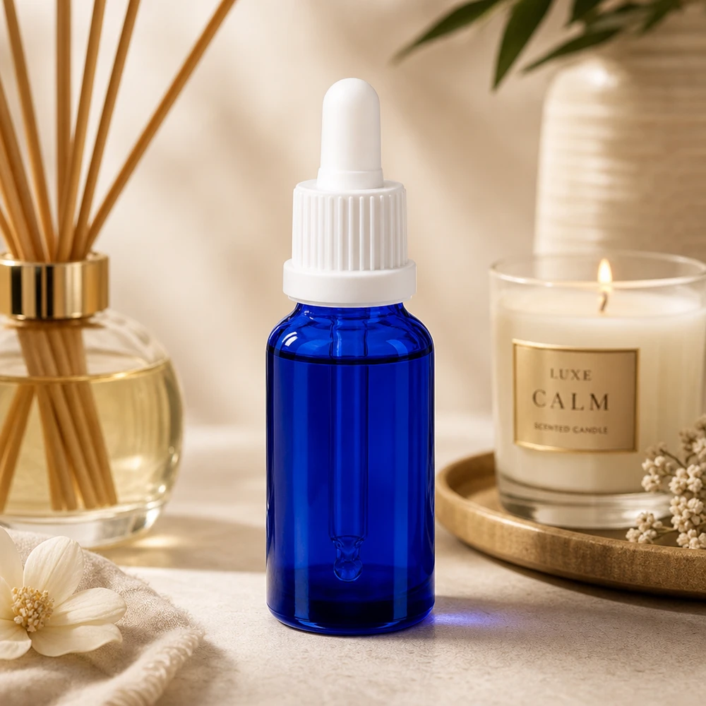 Butelka do leków płynnych 20 ml, biała OV BlueLine UT18/20 Wysokiej jakości szklana butelka o pojemności 20 ml z pipetą z zakraplaczem w intensywnym niebieskim kolorze do serum i nalewek.