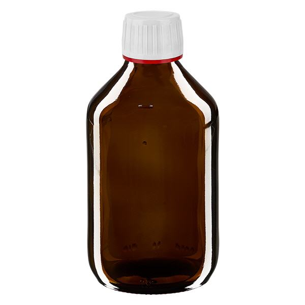 Butelka na lek 250 ml brązowa, zakrętka biała z czerwonym pierścieniem ApoGlas umożliwiającym manipulację. Farmaceutyczna jakość produkcji UE. Gwint 28 mm (PP28). (syrop, butelka z lekkiego szkła) Butelka na lek 250 ml brązowa, zakrętka biała z czerwonym pierścieniem ApoGlas umożliwiającym manipulację. Farmaceutyczna jakość produkcji UE. Gwint 28 mm (PP28). (syrop, butelka z lekkiego szkła)