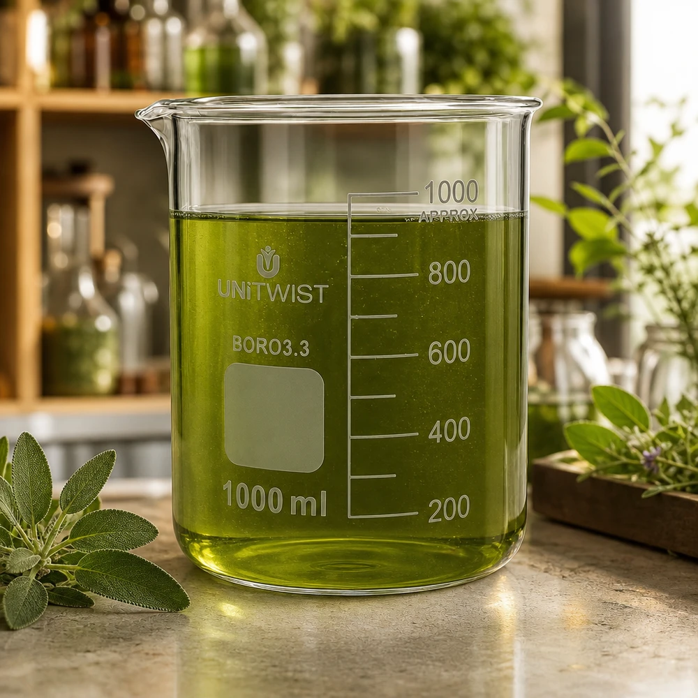 Szklanka UNiTWIST o pojemności 1000 ml, wykonana ze szkła borokrzemowego, o niskim profilu, z zielonym ekstraktem ziołowym otoczonym świeżymi ziołami