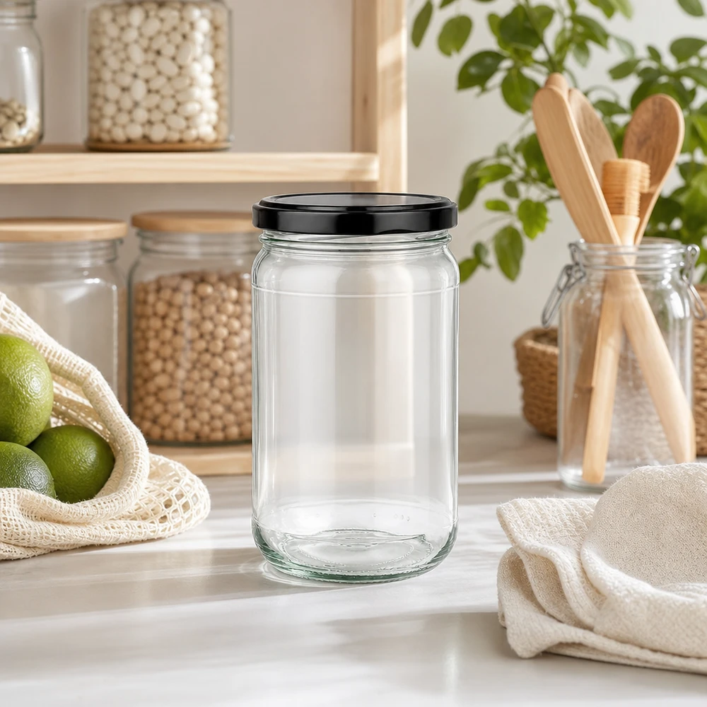 Słoik okrągły 305 ml z pokrywką BasicSeal czarna UNiTWIST 305ml Rundglas UNiTWIST mit schwarzem Deckel in moderner Zero-Waste Küche neben Holzutensilien und Limetten
