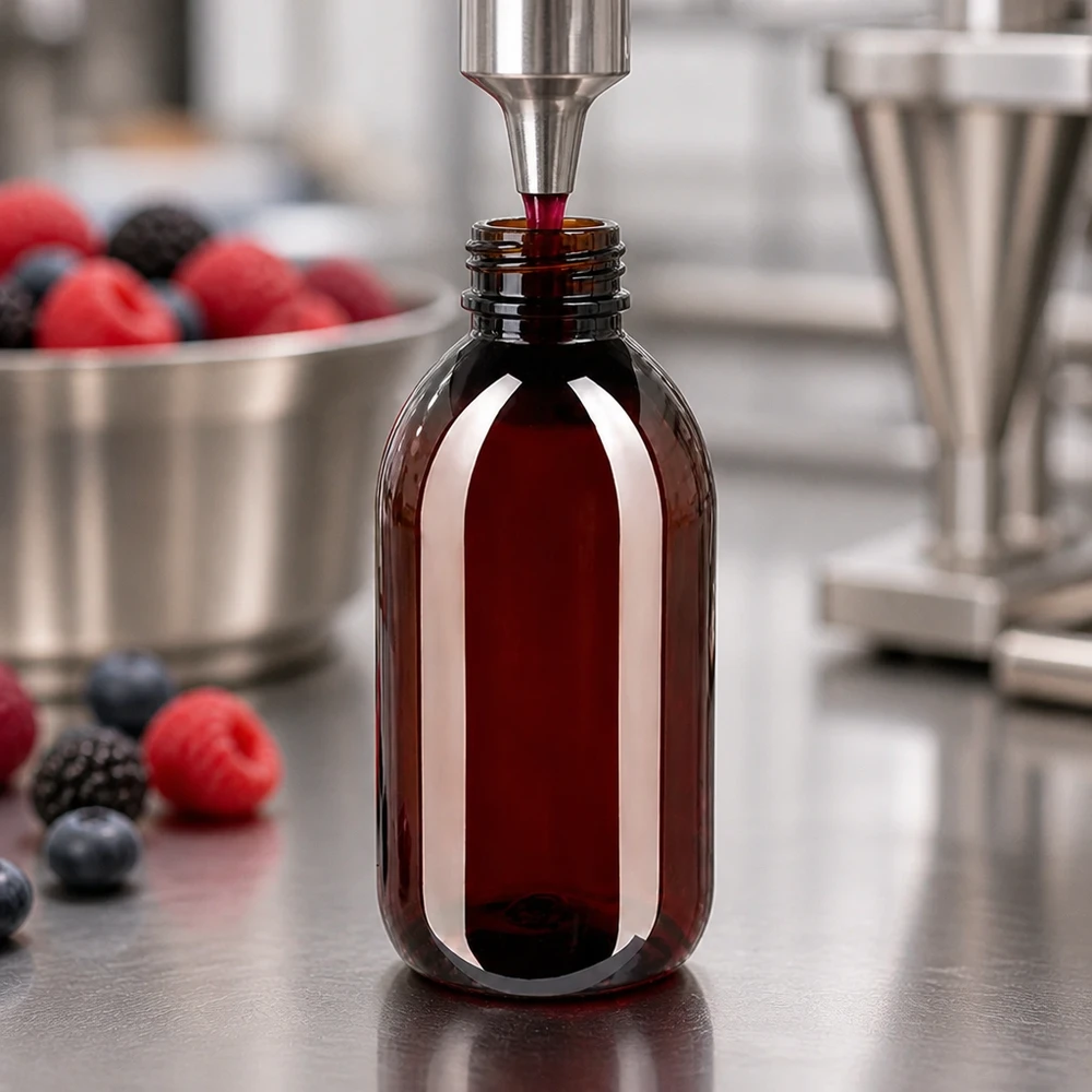 Brązowa butelka PET o pojemności 250 ml jest napełniana czerwonym sokiem jagodowym w zakładzie produkcji żywności