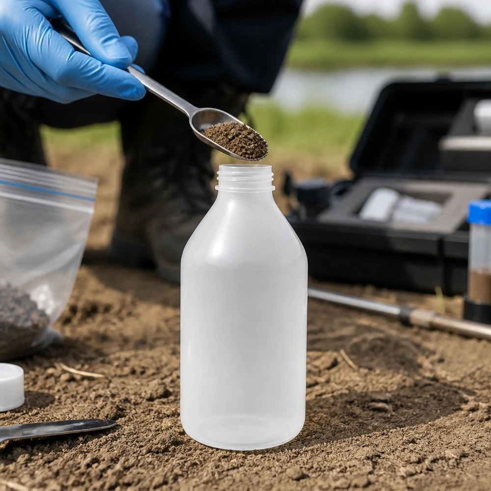 Butelka laboratoryjna 500 ml z wąską szyjką bez zakrętki Przezroczysta butelka laboratoryjna o wąskiej szyjce, pojemność 500 ml, bez zamknięcia, do pobierania próbek gleby na wolnym powietrzu