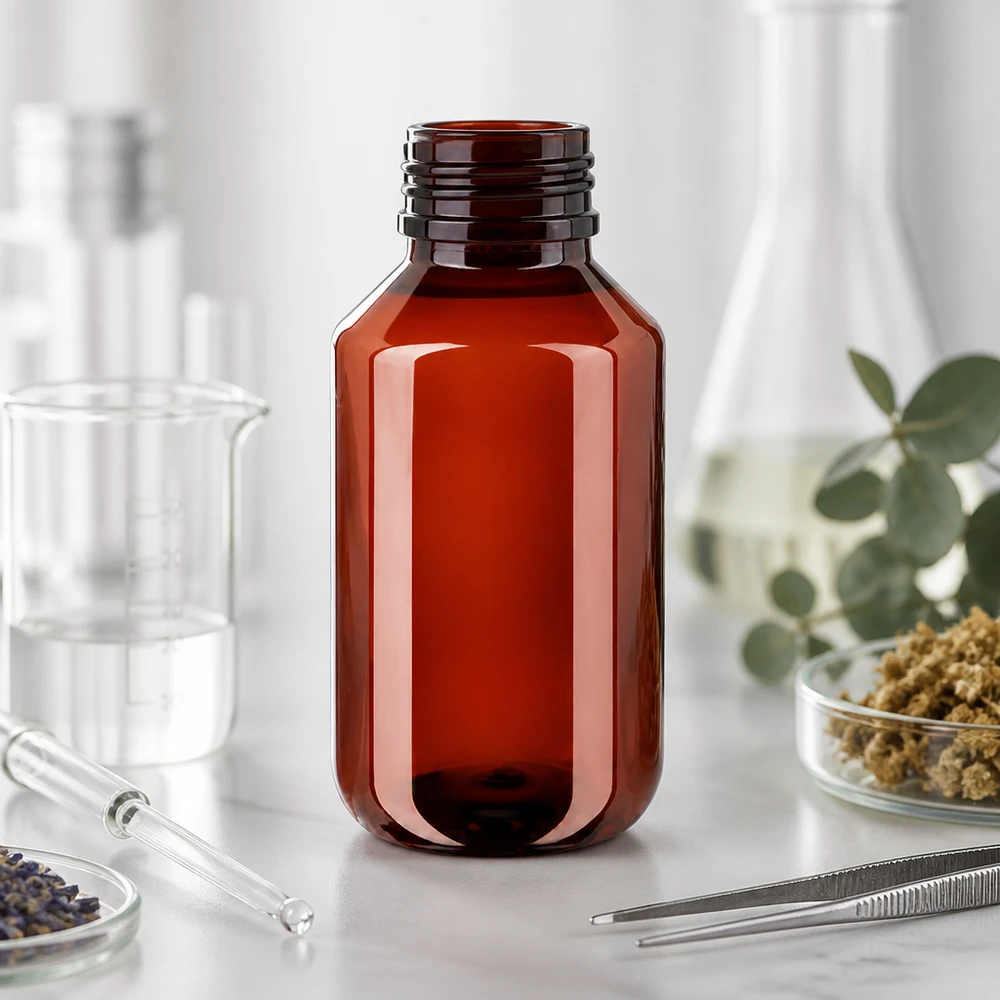 Mała brązowa butelka PET o pojemności 100 ml z oryginalnym zamknięciem zabezpieczonym przed dziećmi, przeznaczona do produktów naturalnych