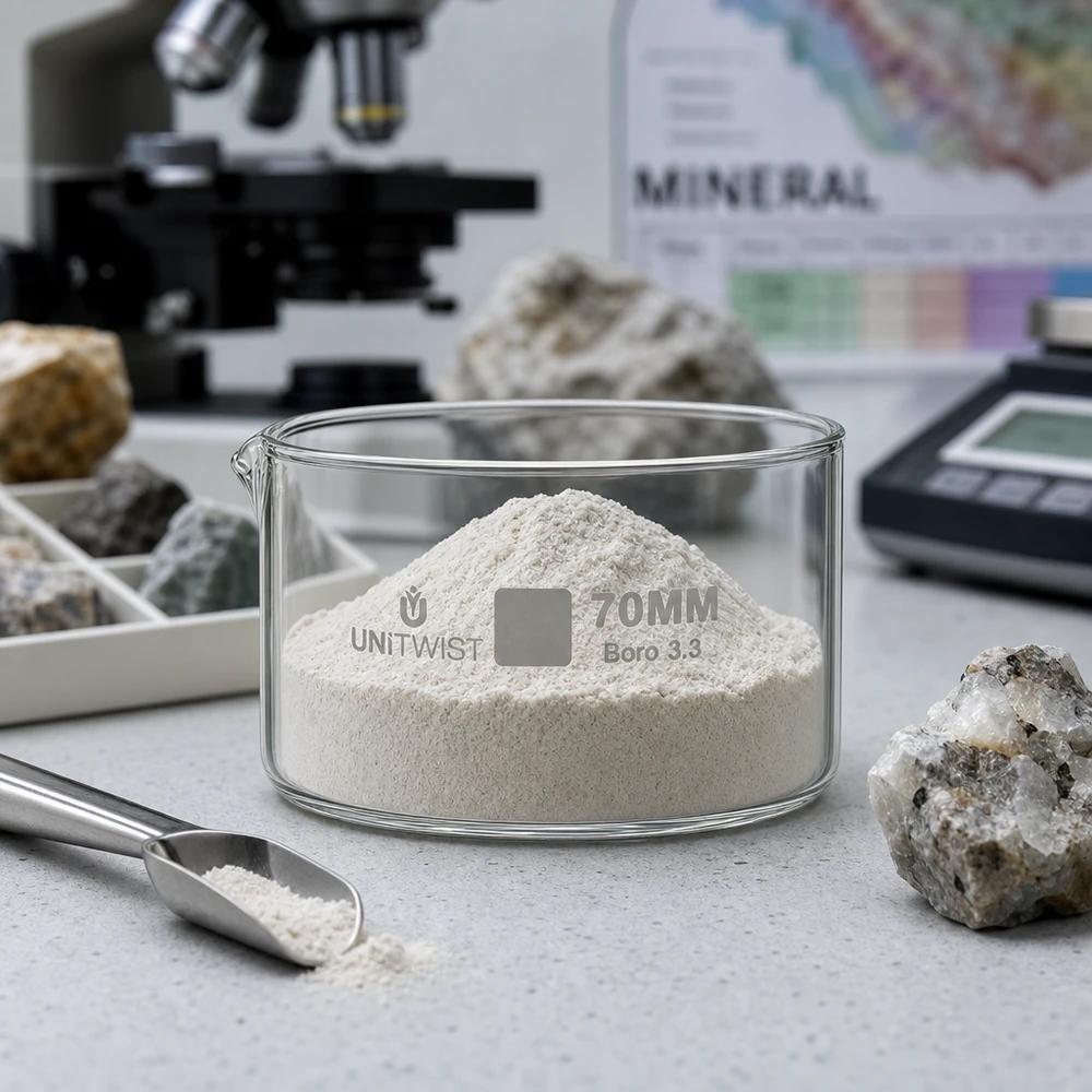 Miska do krystalizacji 70 mm UNiTWIST Boro 3.3 z białym proszkiem mineralnym w laboratorium geologicznym