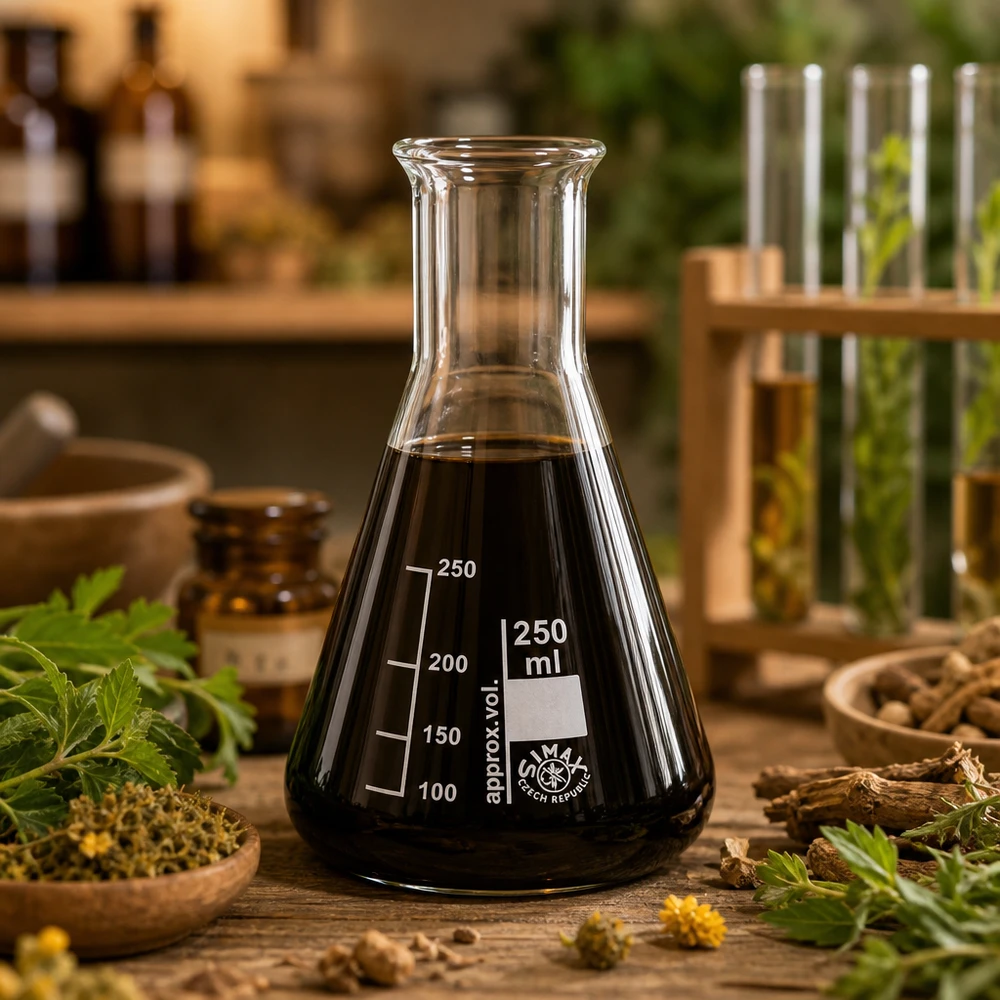 Żaroodporna kolba Erlenmeyera 250 ml z czarnym płynem do naturoterapii i ekstraktów ziołowych