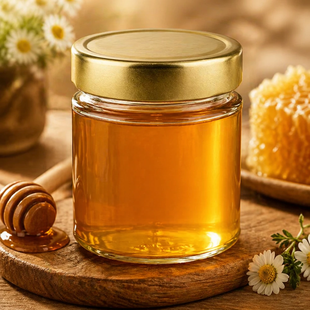 154ml okrągły słoik ze złotą pokrywką wypełniony miodem słoik na miód dzbanek na miód z łyżką miodu kwiaty produkt naturalny