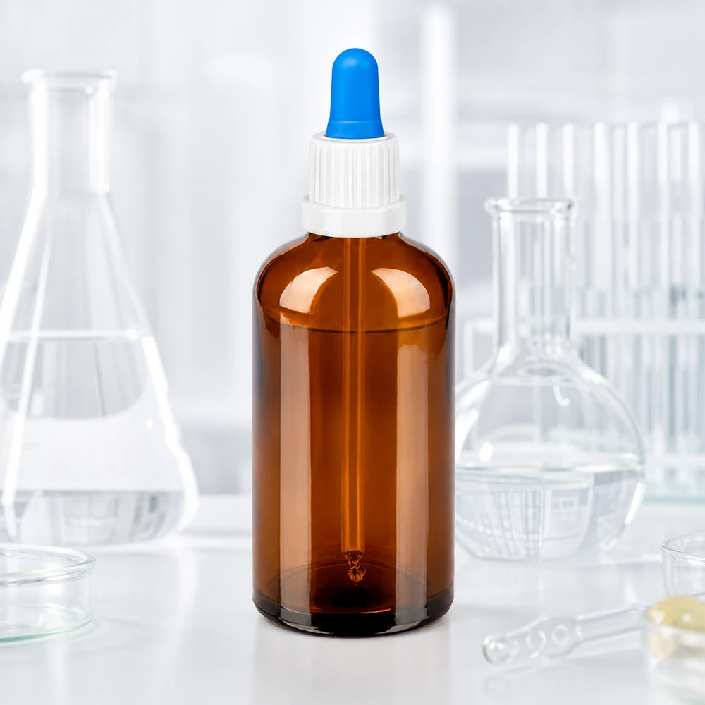 Butelka aptekarska 100 ml wykonana z bursztynowego szkła z pipetą z kroplomierzem do precyzyjnego odmierzania płynu