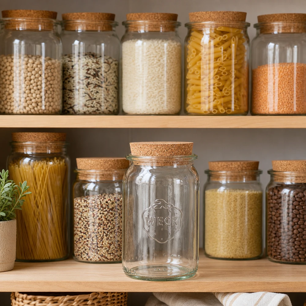 Słoik cylindryczny 145ml WECK RR40 z korkiem naturalny WECK Vorratsglas 145ml in stylischer Küchenorganisation mit Korkverschluss zwischen gefüllten Vorratsgläsern auf Holzreg