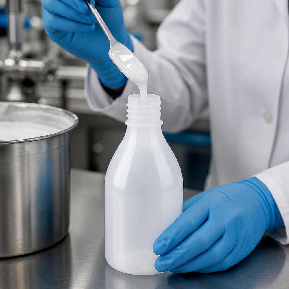 Laborant napełnia białą zawiesinę do 100 ml plastikowej butelki laboratoryjnej z wąską szyjką, bez nakrętki