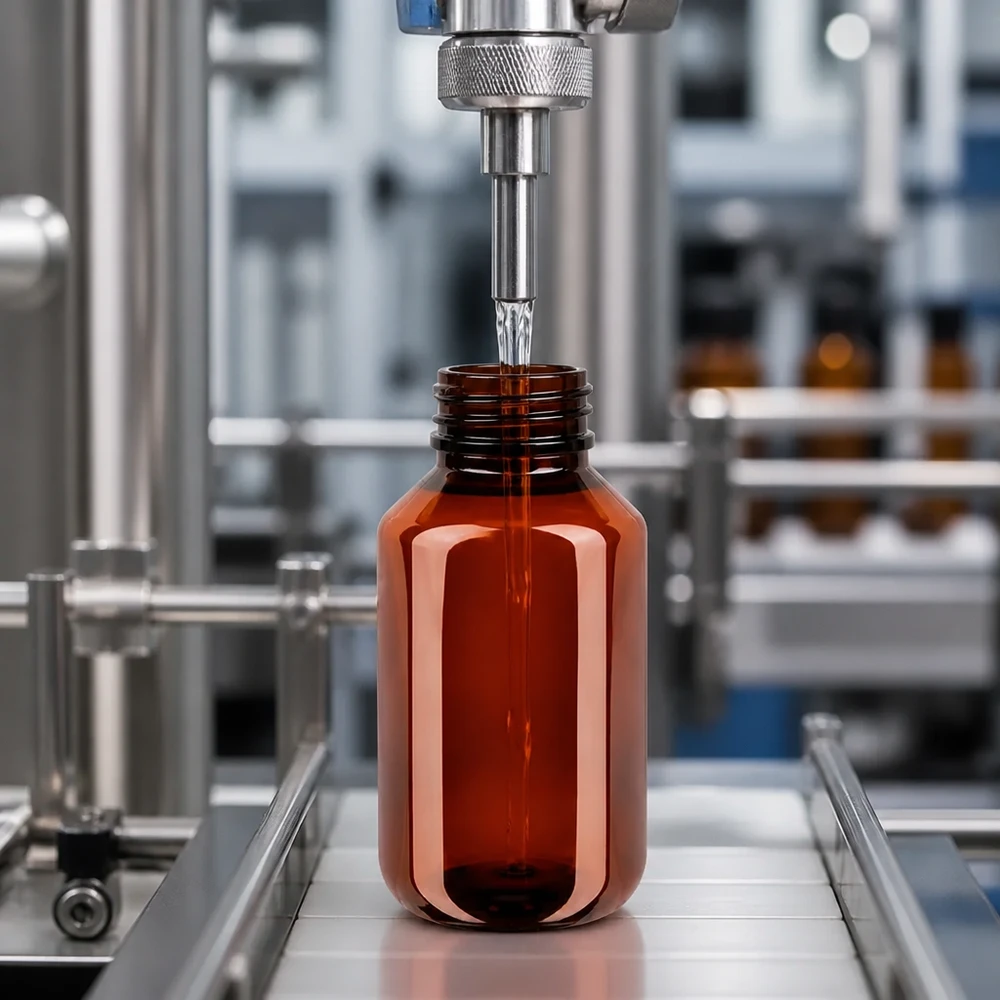 Automatyczna linia rozlewnicza napełnia brązową butelkę PET o pojemności 100 ml z oryginalnym zamknięciem