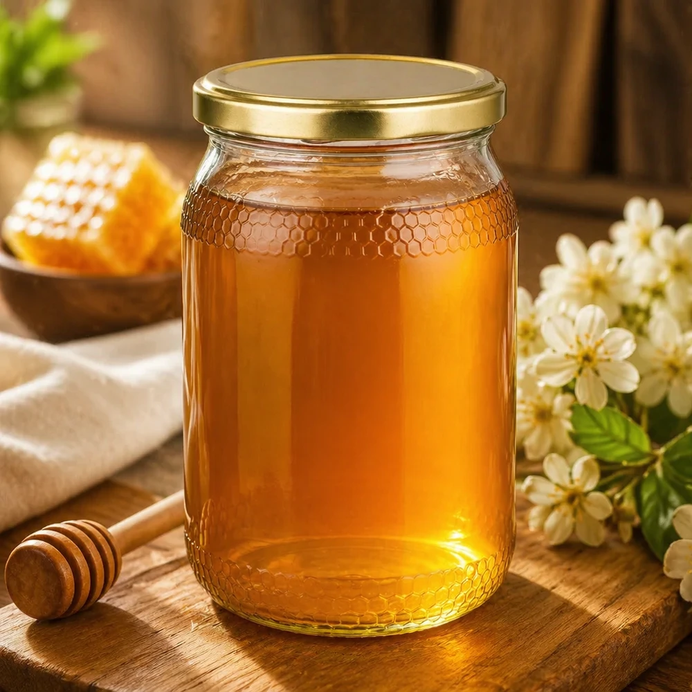 Wypełniony miodem słoik o pojemności 900 ml ze złotą pokrywką UNiTWIST w naturalnej atmosferze z kwiatami i plastrami miodu