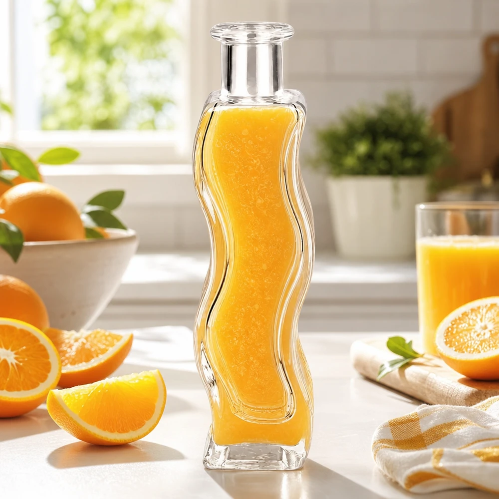 Szklana butelka Melissa 100 ml bez zamknięcia UNiTWIST® 100 ml szklana butelka Melissy wypełniona sokiem pomarańczowym w jasnej kuchni otoczonej świeżymi pomarańczami i owocami cytrusowymi.