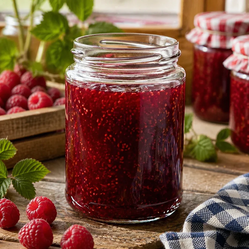 UNiTWIST Runda390 - Okrągły słoik o pojemności 390ml TO70 UNiTWIST Runda390 okrągła szklanka 390ml TO70 wypełniona dżemem malinowym na drewnianym stole ze świeżymi malinami