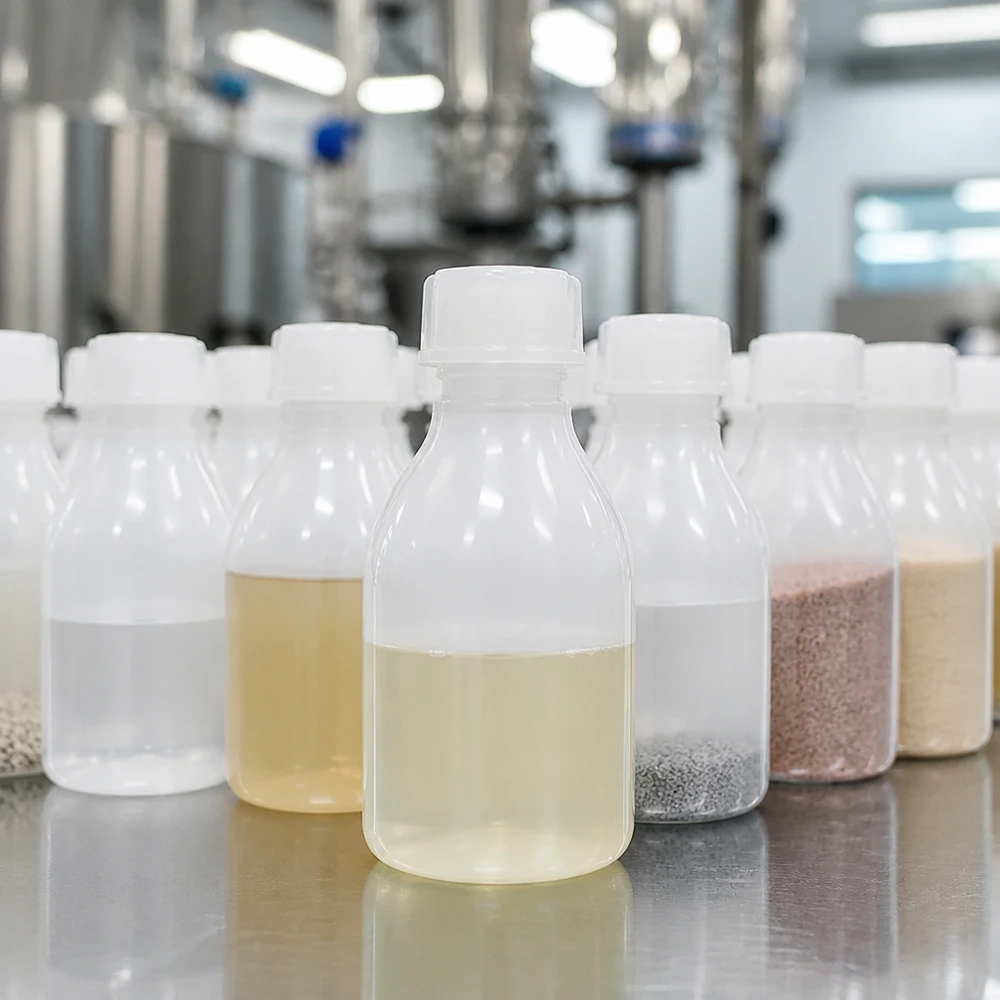Kilka butelek z wąską szyjką i zakrętką o pojemności 30 ml, zawierających różne substancje i płyny, w warunkach laboratoryjnych